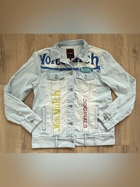 Von Dutch Originals Denim Jacket Patch Graphic Blue Jeans Size S Y2K